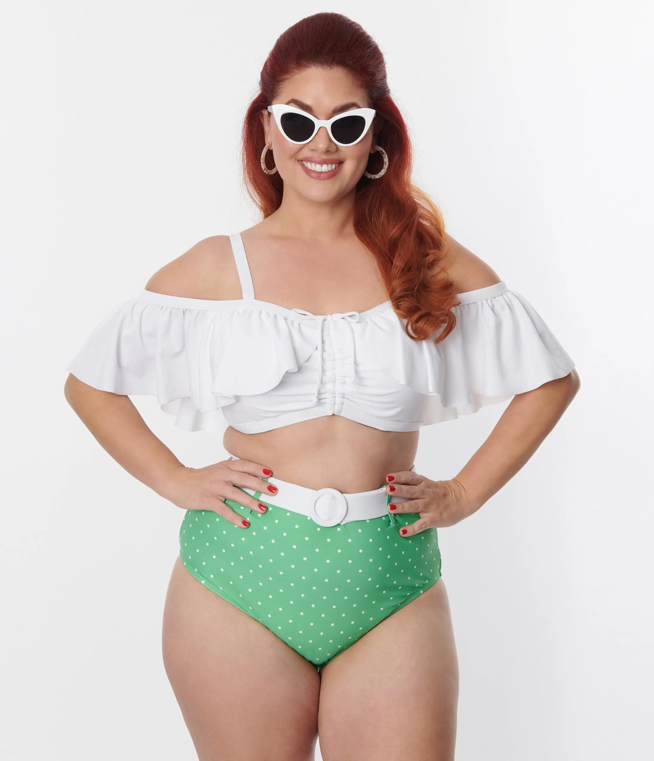 Unique Vintage Plus Size White Ruffle Swim Top