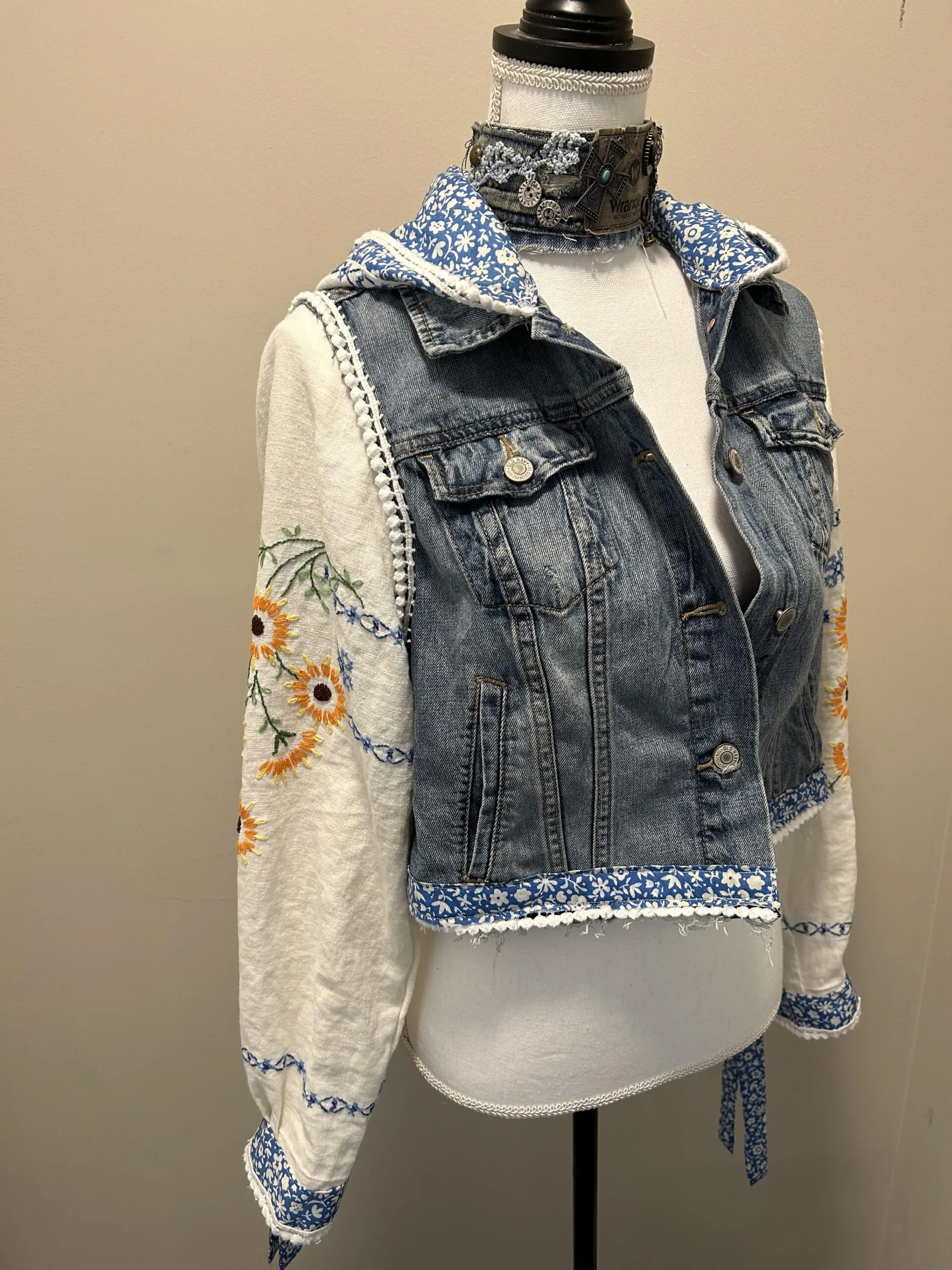 Upcycled Jean Jacket with Daisy Vintage Fabric