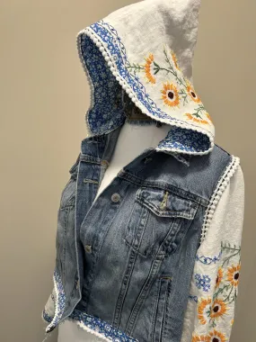 Upcycled Jean Jacket with Daisy Vintage Fabric