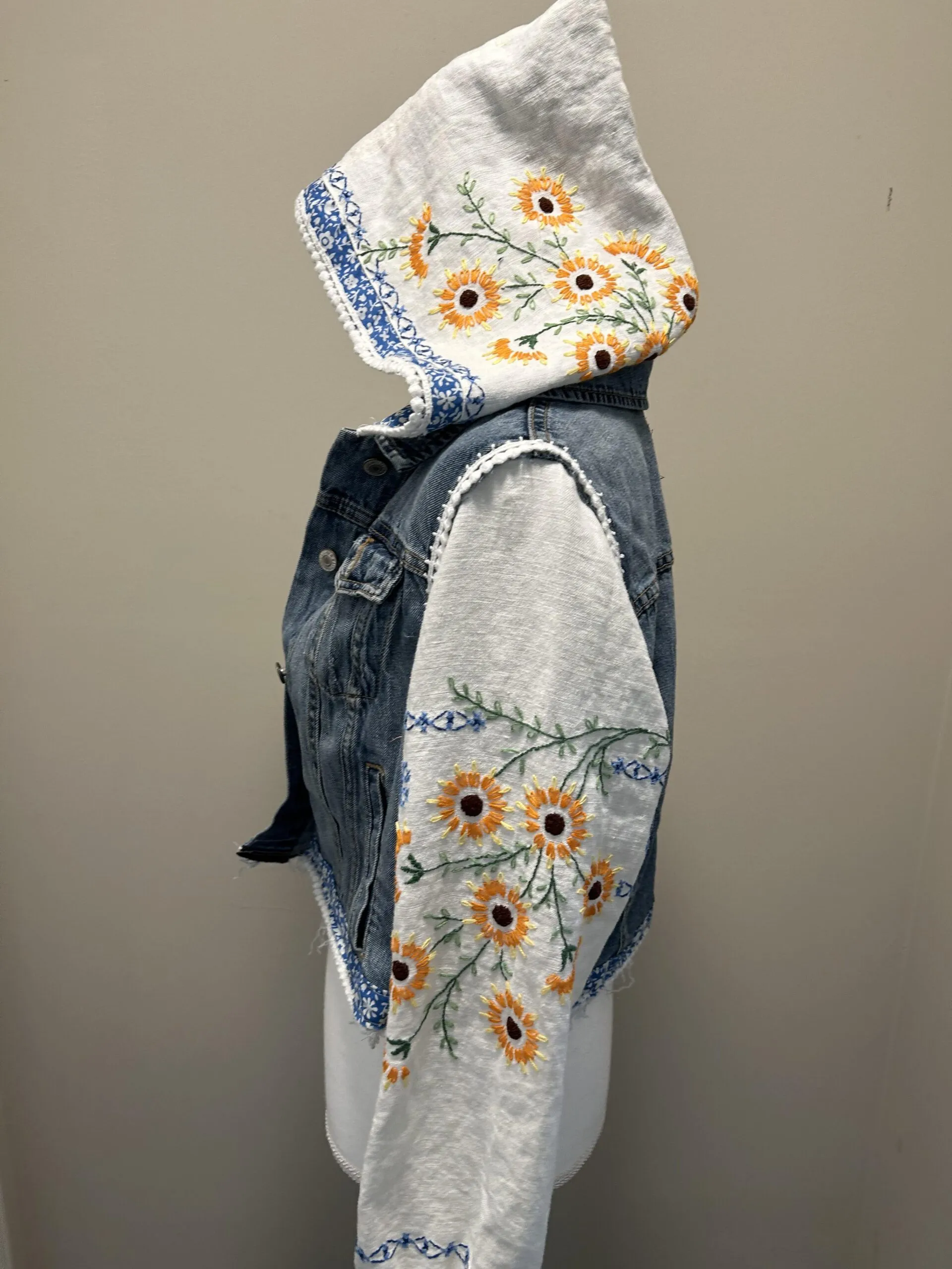 Upcycled Jean Jacket with Daisy Vintage Fabric