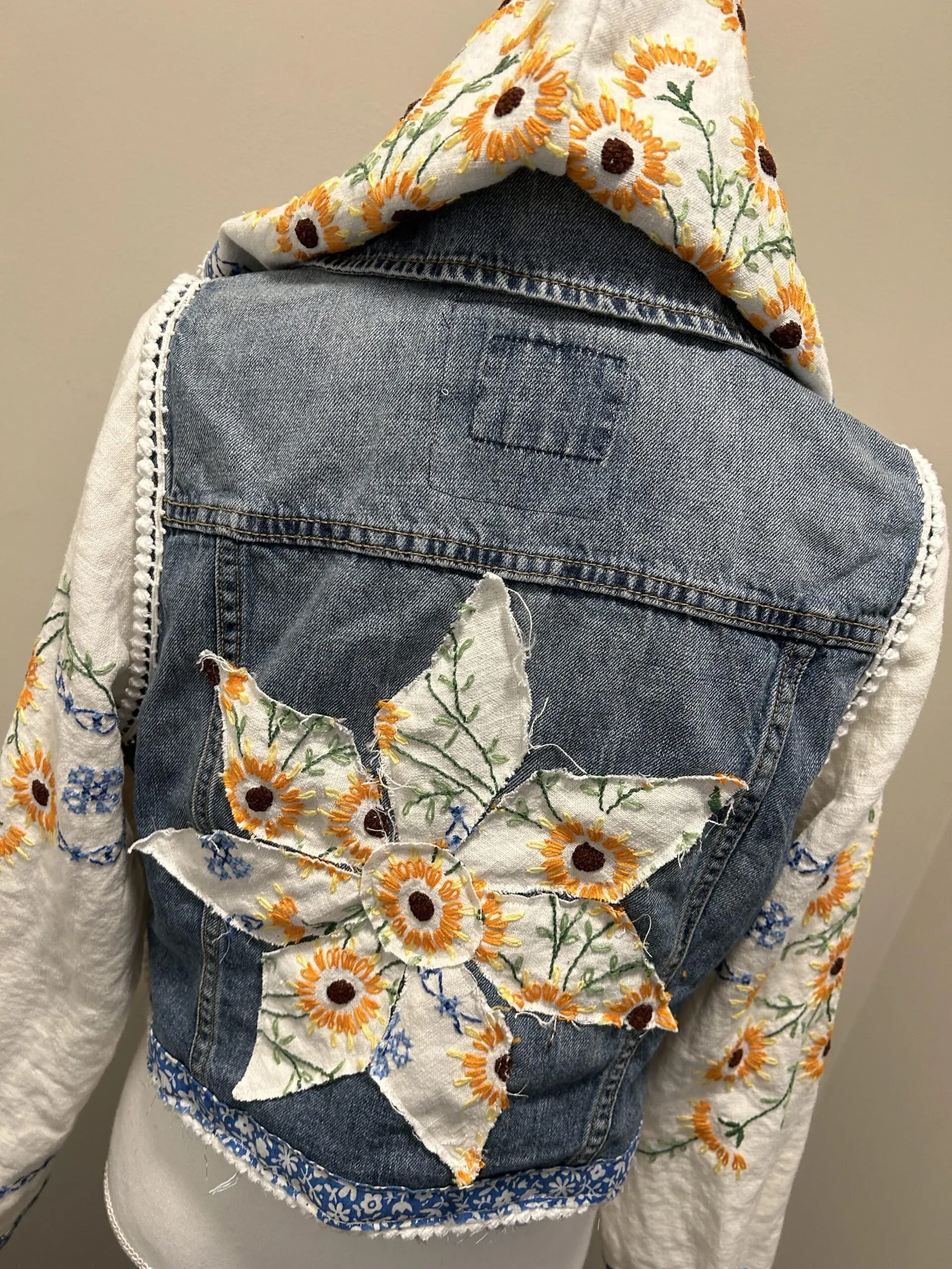 Upcycled Jean Jacket with Daisy Vintage Fabric