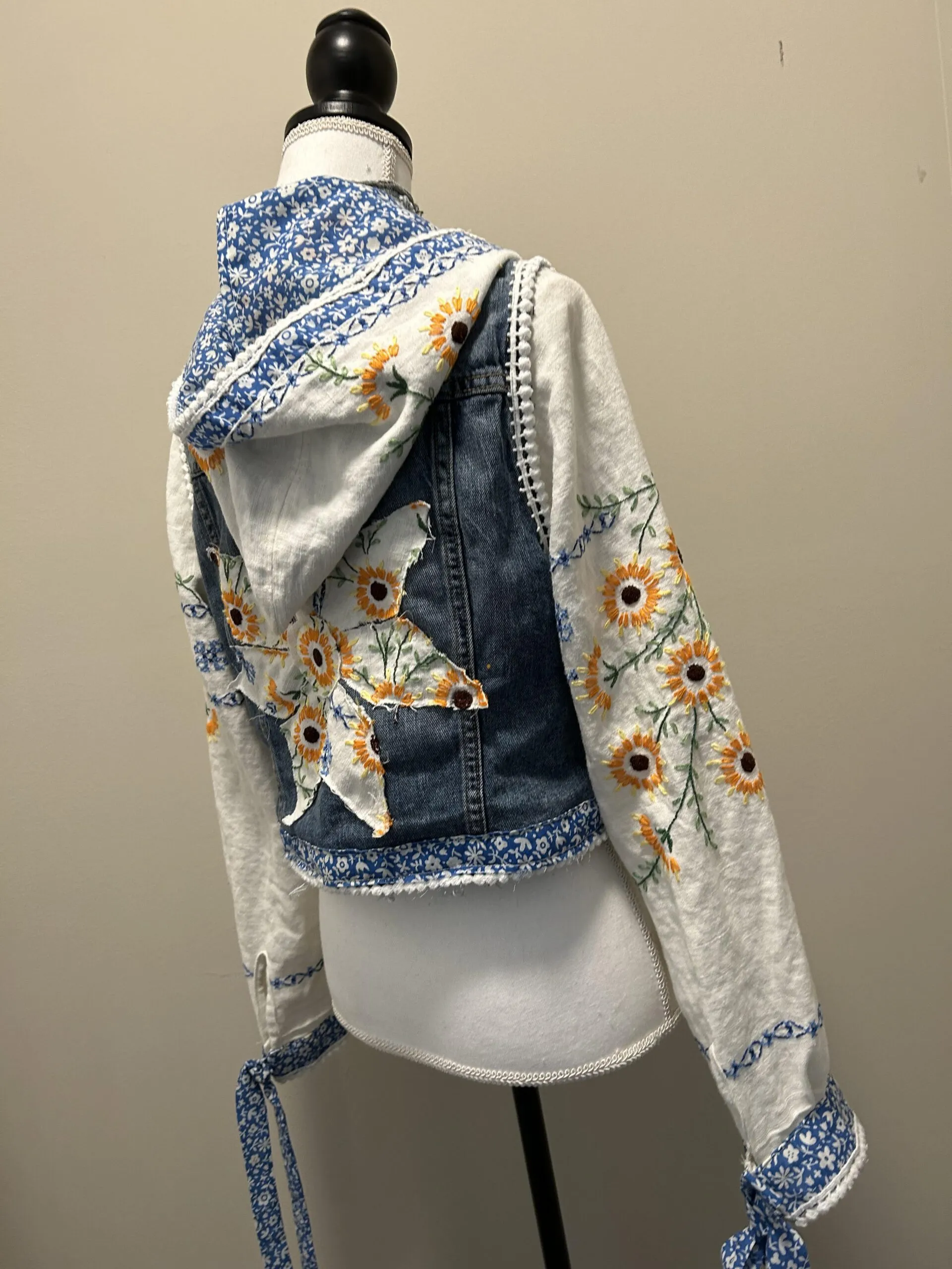 Upcycled Jean Jacket with Daisy Vintage Fabric