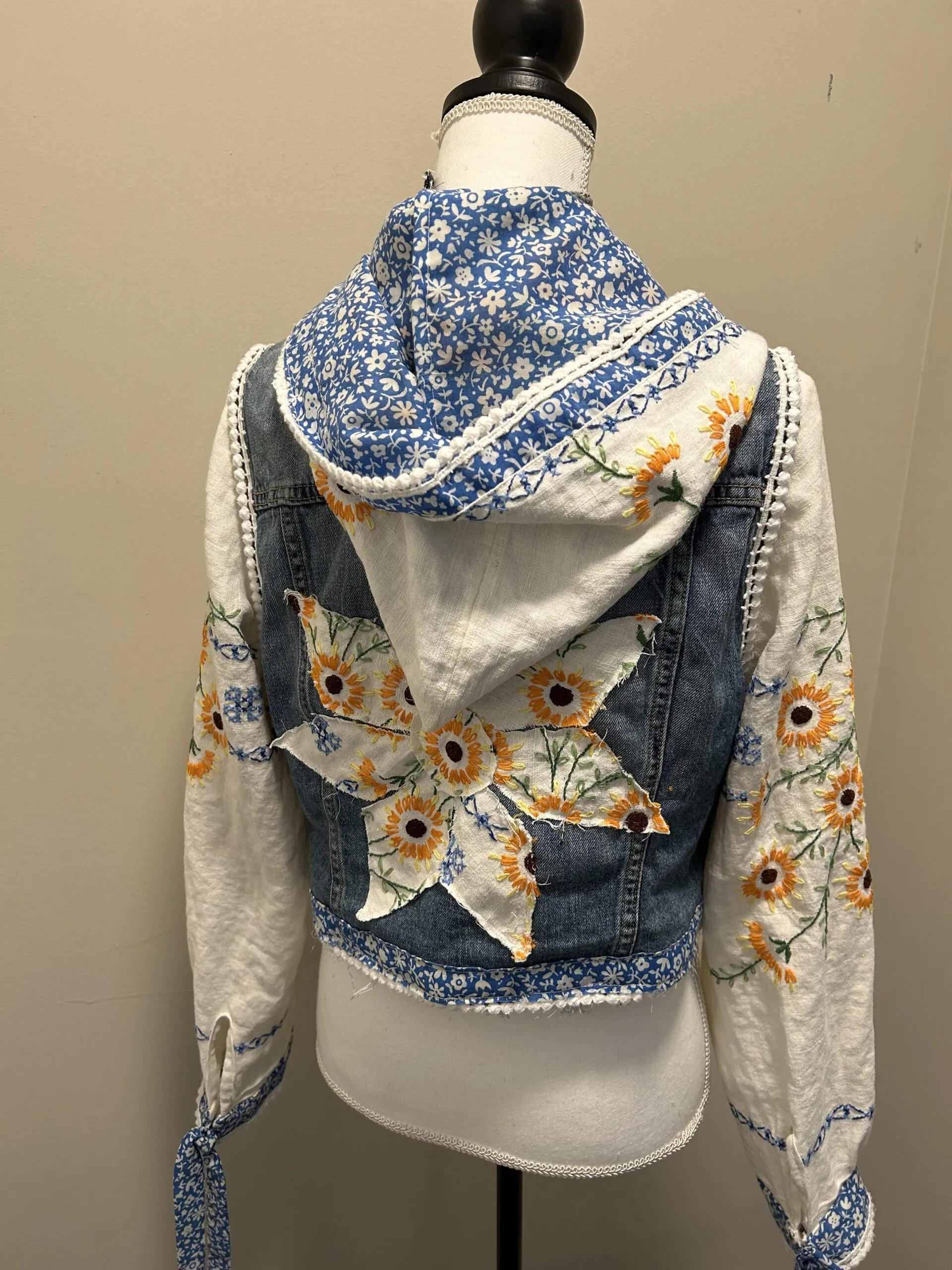 Upcycled Jean Jacket with Daisy Vintage Fabric