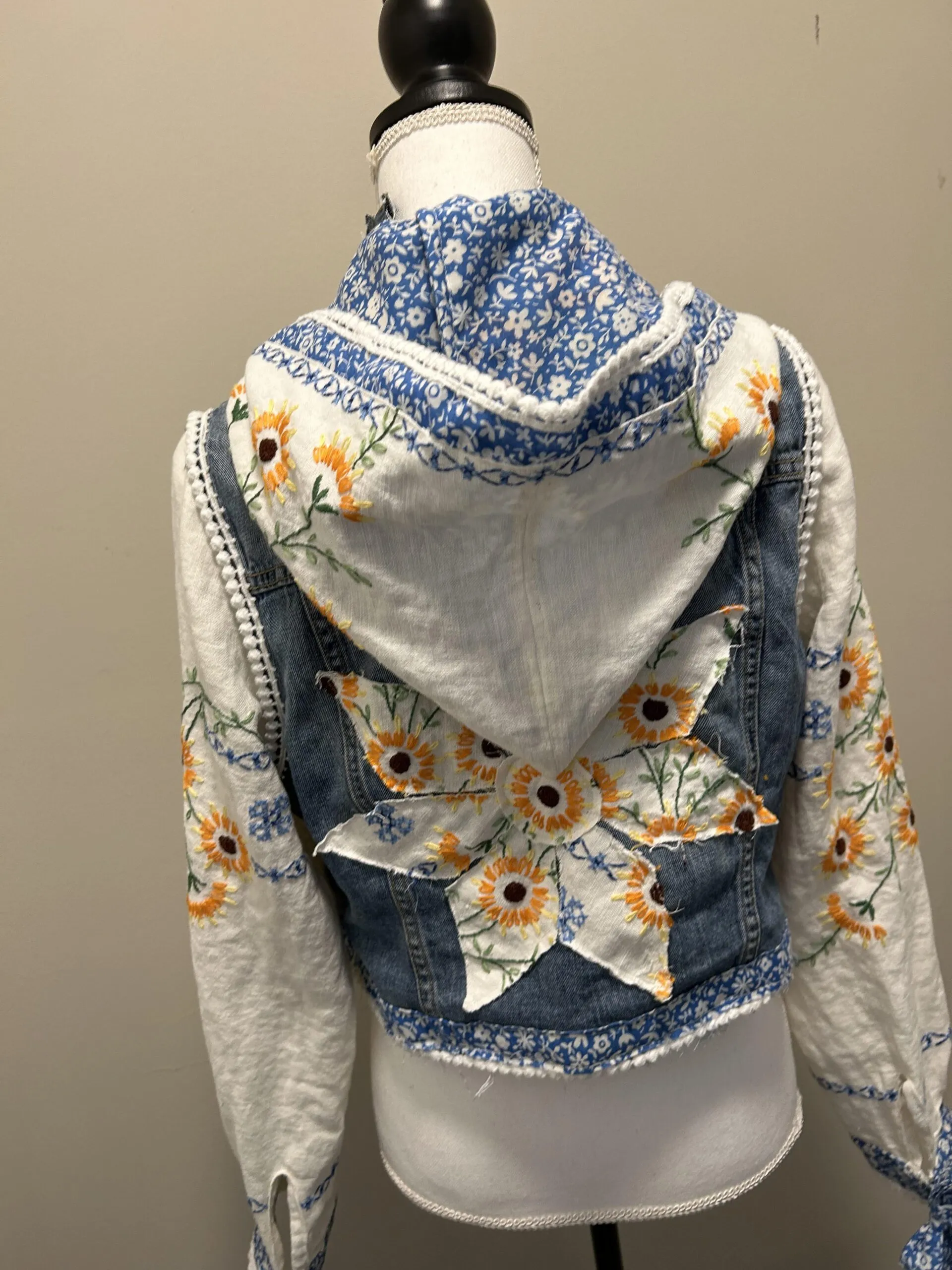 Upcycled Jean Jacket with Daisy Vintage Fabric