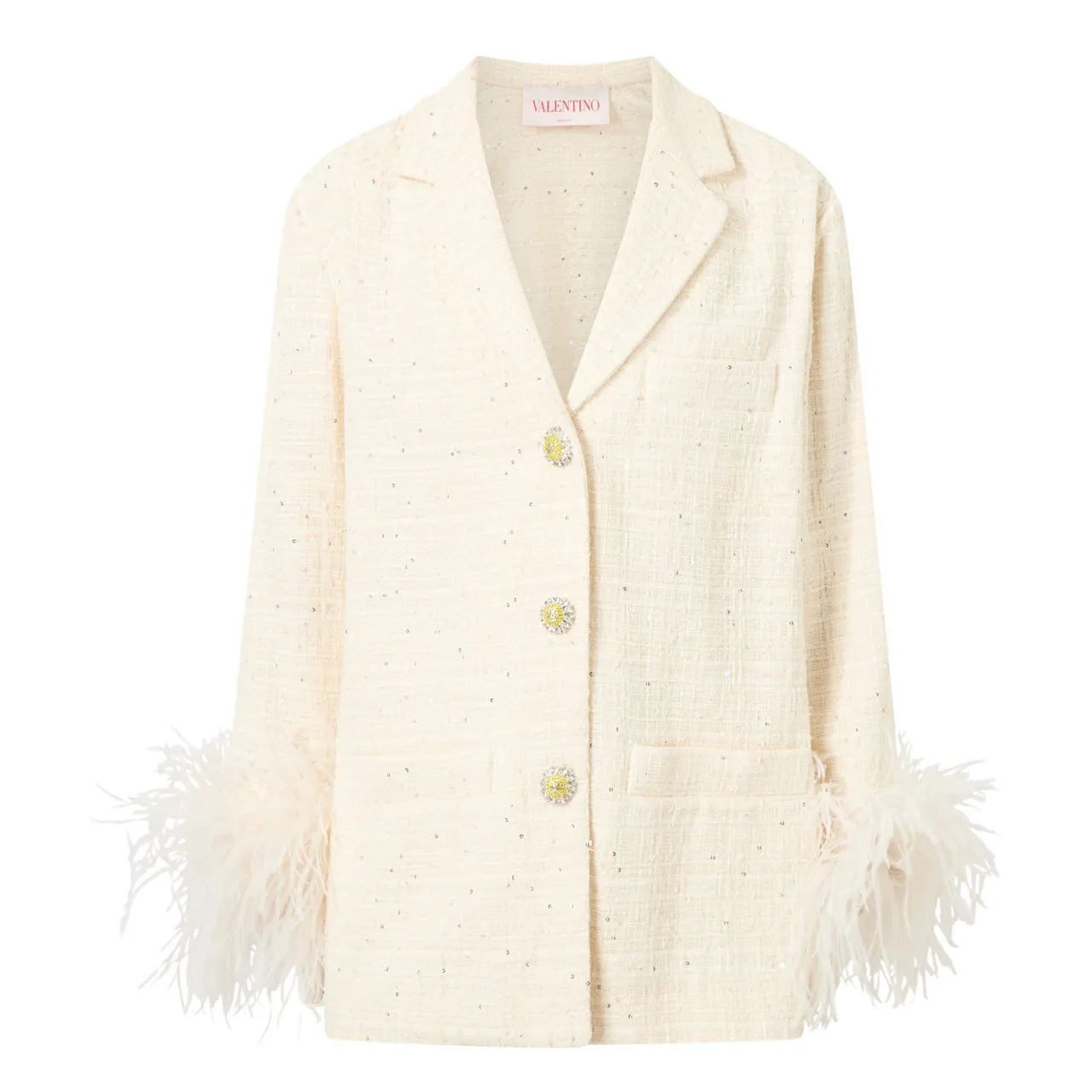 VALENTINO Tweed Feather-Trim Blazer - Natural