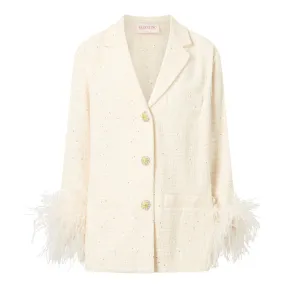 VALENTINO Tweed Feather-Trim Blazer - Natural