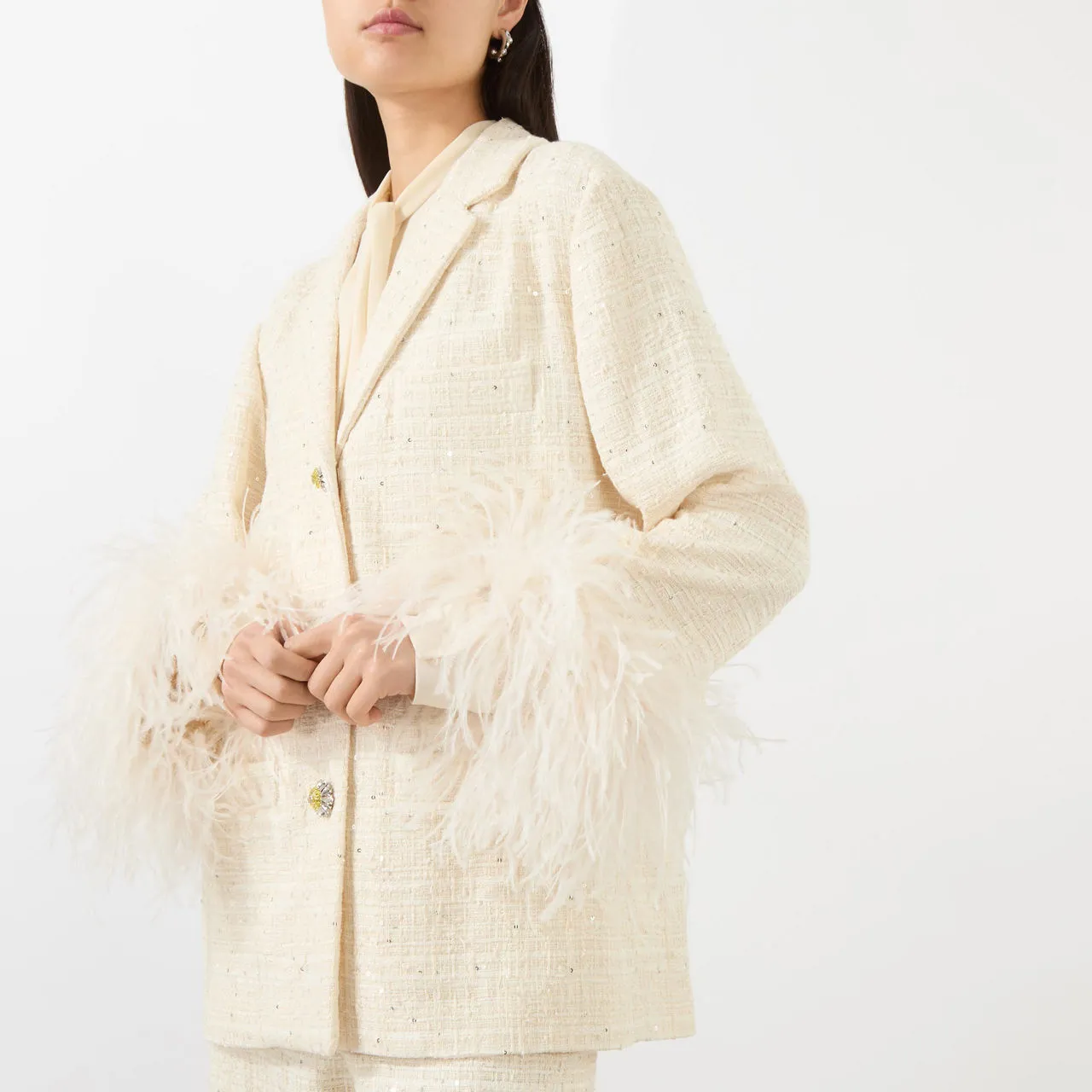 VALENTINO Tweed Feather-Trim Blazer - Natural