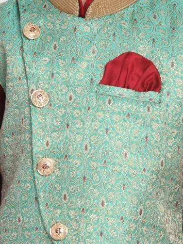 VASTRAMAY Boys' Green Cotton Silk Blend Nehru Jacket