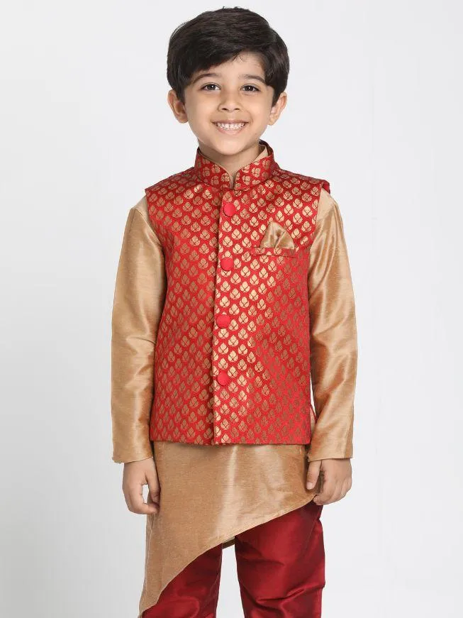 VASTRAMAY Boys' Maroon Cotton Silk Blend Nehru Jacket