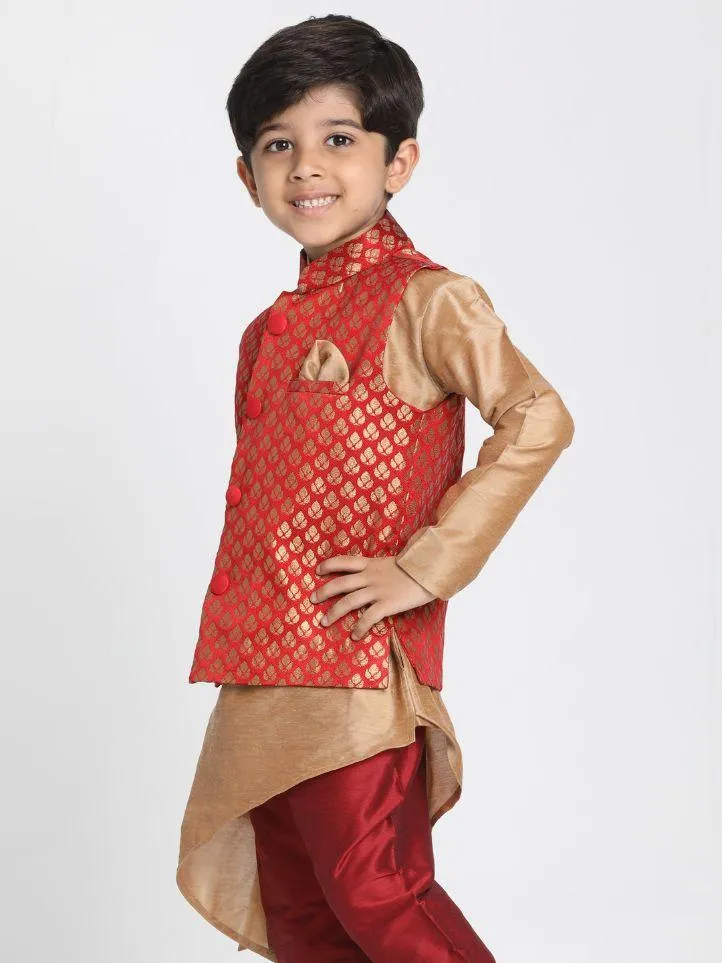 VASTRAMAY Boys' Maroon Cotton Silk Blend Nehru Jacket