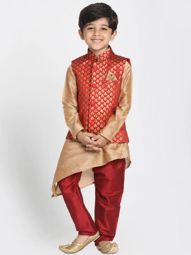 VASTRAMAY Boys' Maroon Cotton Silk Blend Nehru Jacket