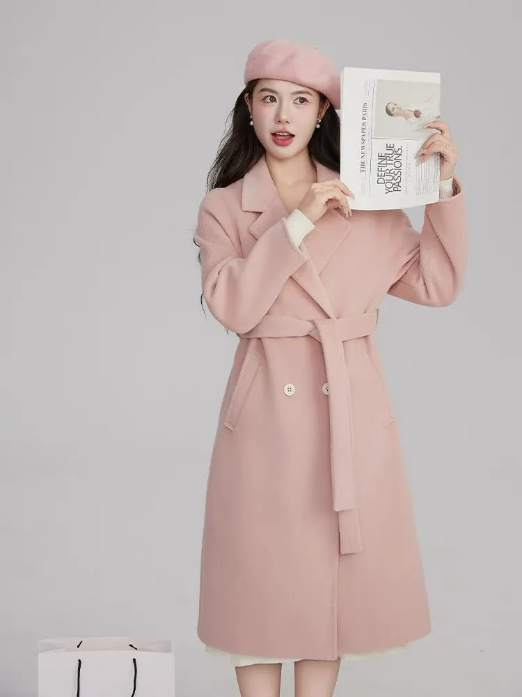 Volstagg pink woolen coat for women autumn and winter Korean waist style high-end mid-length woolen coat