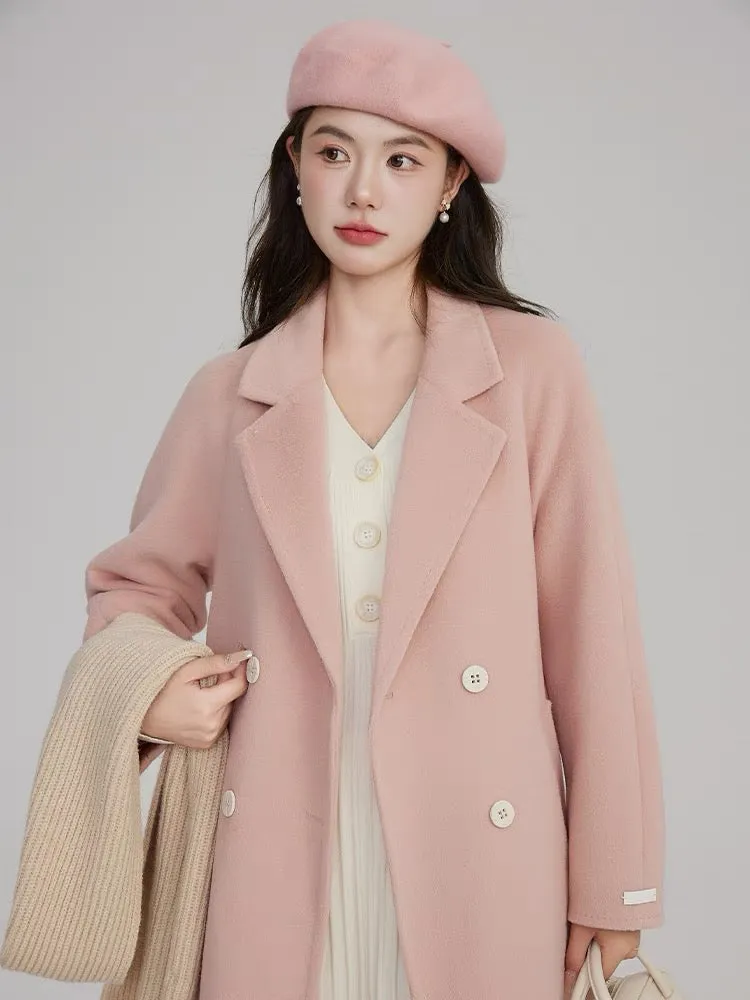 Volstagg pink woolen coat for women autumn and winter Korean waist style high-end mid-length woolen coat