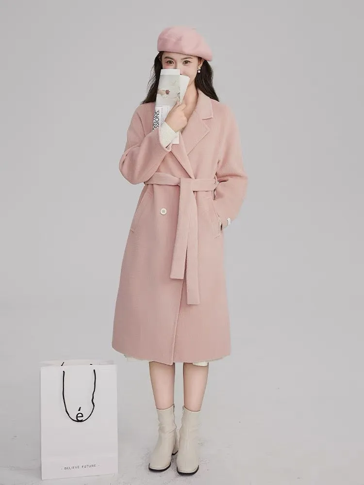 Volstagg pink woolen coat for women autumn and winter Korean waist style high-end mid-length woolen coat