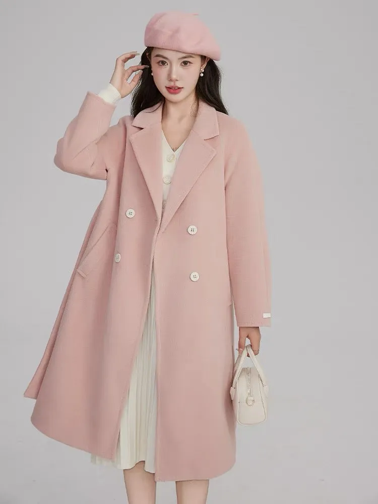 Volstagg pink woolen coat for women autumn and winter Korean waist style high-end mid-length woolen coat