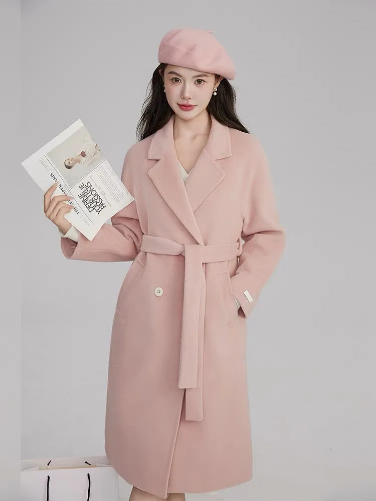 Volstagg pink woolen coat for women autumn and winter Korean waist style high-end mid-length woolen coat