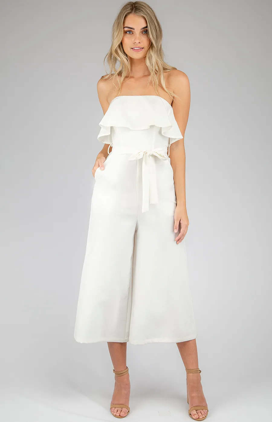 Wide Leg Ruffle Jumpsuit with Tie On Belt details (AJP806-2A)