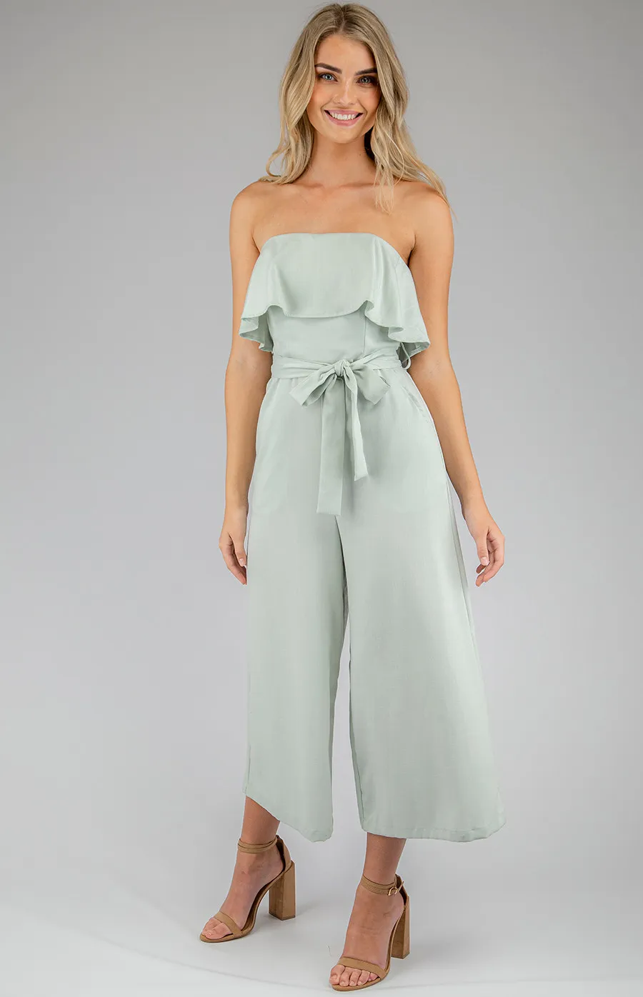 Wide Leg Ruffle Jumpsuit with Tie On Belt details (AJP806-2A)