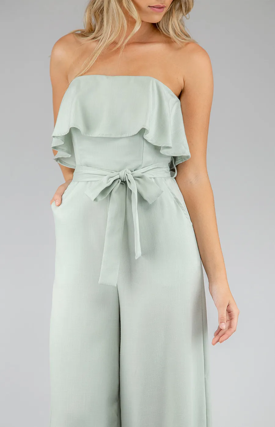 Wide Leg Ruffle Jumpsuit with Tie On Belt details (AJP806-2A)