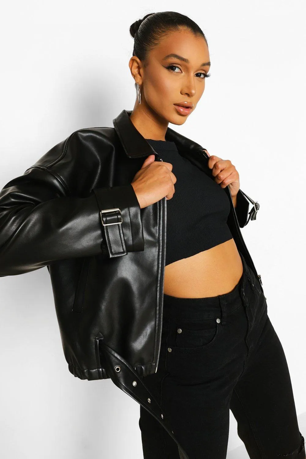 Wide Sleeve Faux Leather Moto Jacket