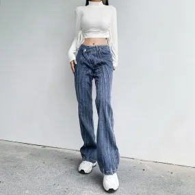 Women's Asymmetrical Stripe Low Waist Jeans Vintage Straight Denim Pants