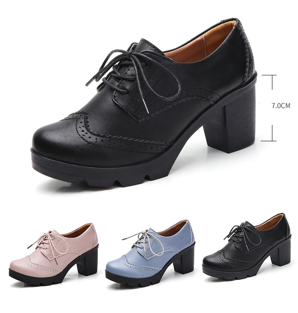 Women's High Square Heel Genuine Leather Round Toe Lace-up Shoes