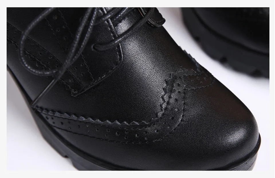 Women's High Square Heel Genuine Leather Round Toe Lace-up Shoes