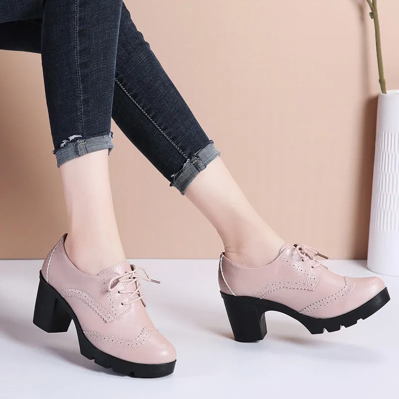 Women's High Square Heel Genuine Leather Round Toe Lace-up Shoes