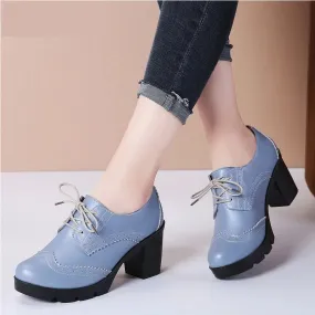 Women's High Square Heel Genuine Leather Round Toe Lace-up Shoes