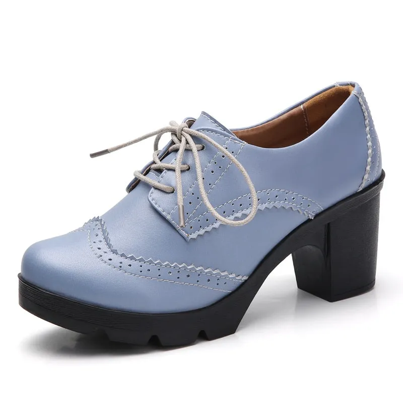 Women's High Square Heel Genuine Leather Round Toe Lace-up Shoes