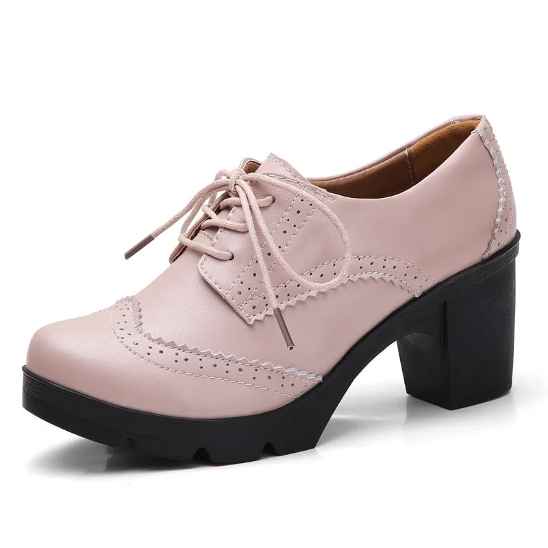 Women's High Square Heel Genuine Leather Round Toe Lace-up Shoes