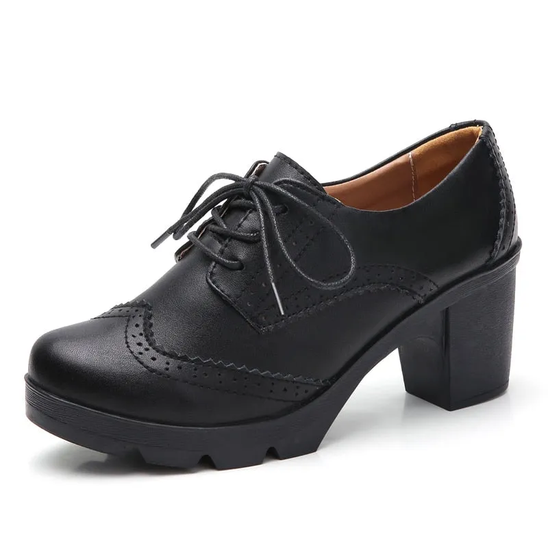 Women's High Square Heel Genuine Leather Round Toe Lace-up Shoes