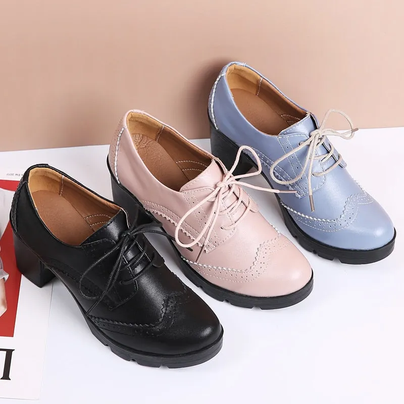 Women's High Square Heel Genuine Leather Round Toe Lace-up Shoes