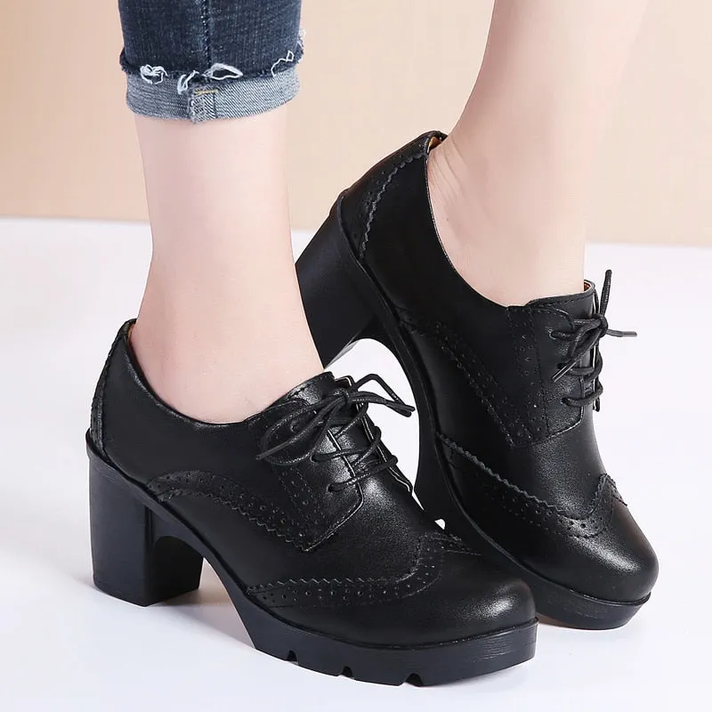 Women's High Square Heel Genuine Leather Round Toe Lace-up Shoes