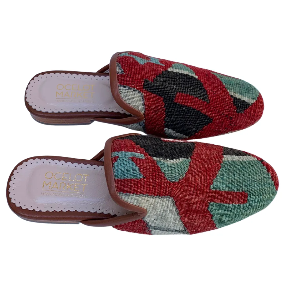 Women's Turkish Kilim Mules | Red with Blue & Black