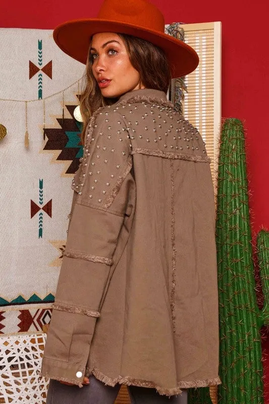 Ziggy Studded Jacket With Frayed Ends - Olive